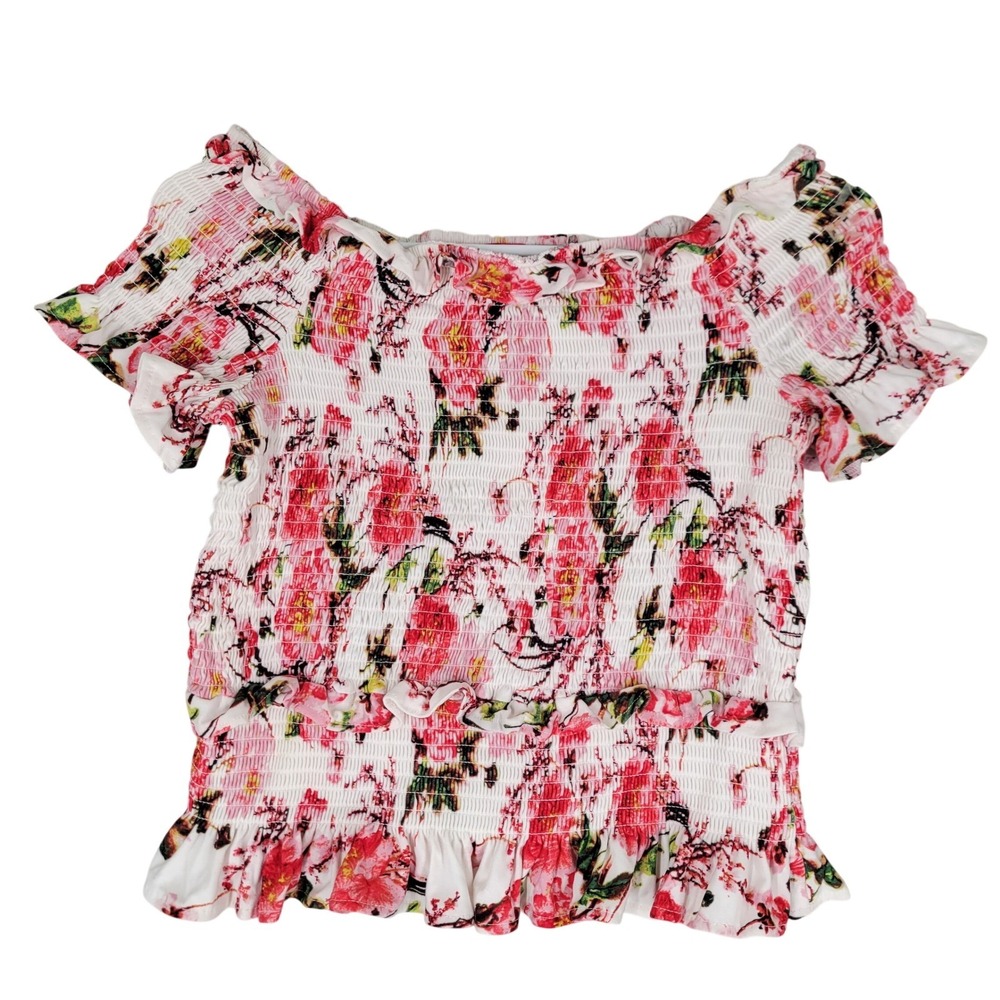 Hot Kiss Floral Smocked Crop Top Women Large Pink White BOHO Festival